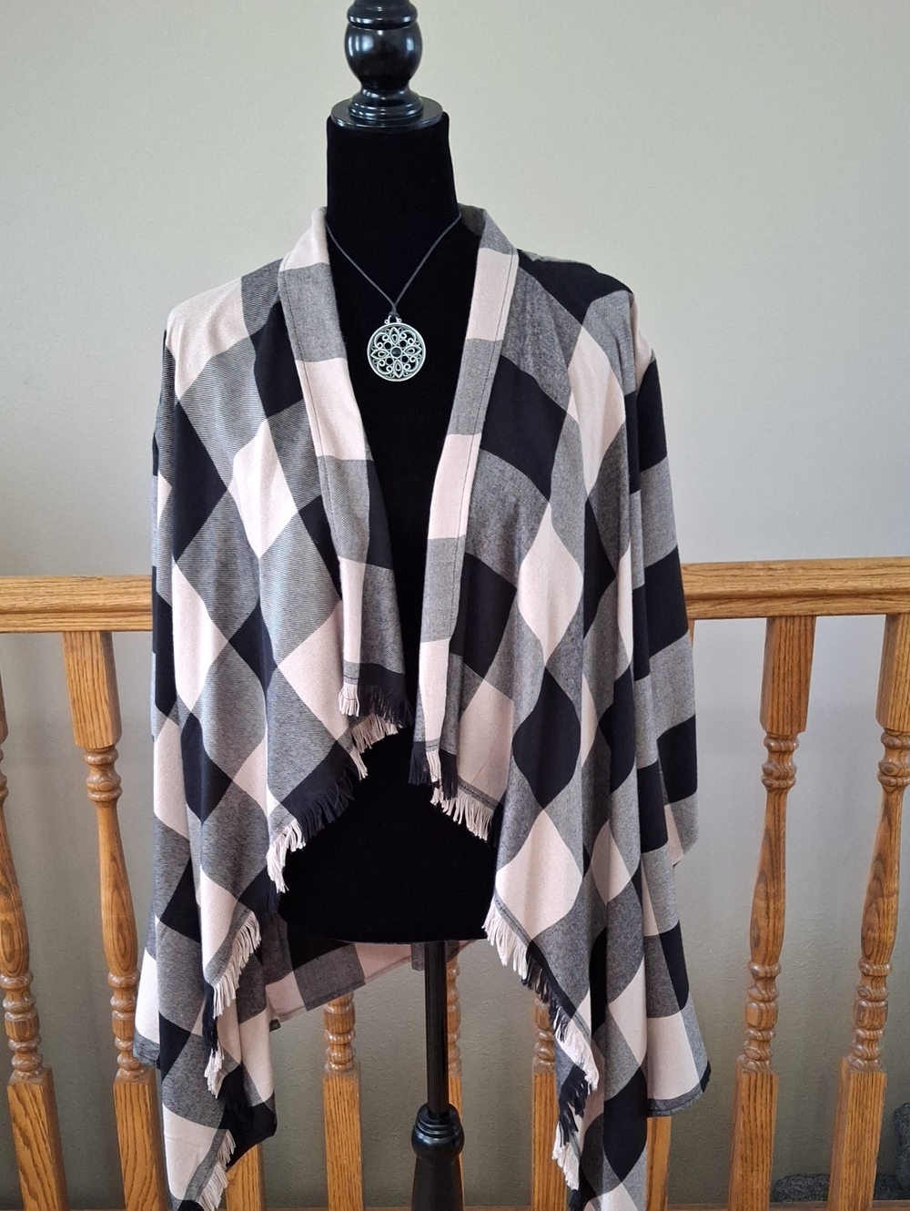 Open-Front Plaid Cardigan/Duster With Fringe